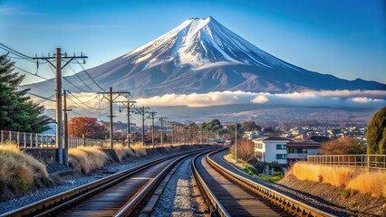 snow covered mountain Fuji and railway in winter season from Shizuoka prefecture