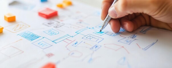 Fingers drawing flowcharts of brand concepts on a piece of paper, Flowcharting Ideas, Visualizing the startup s brand strategy