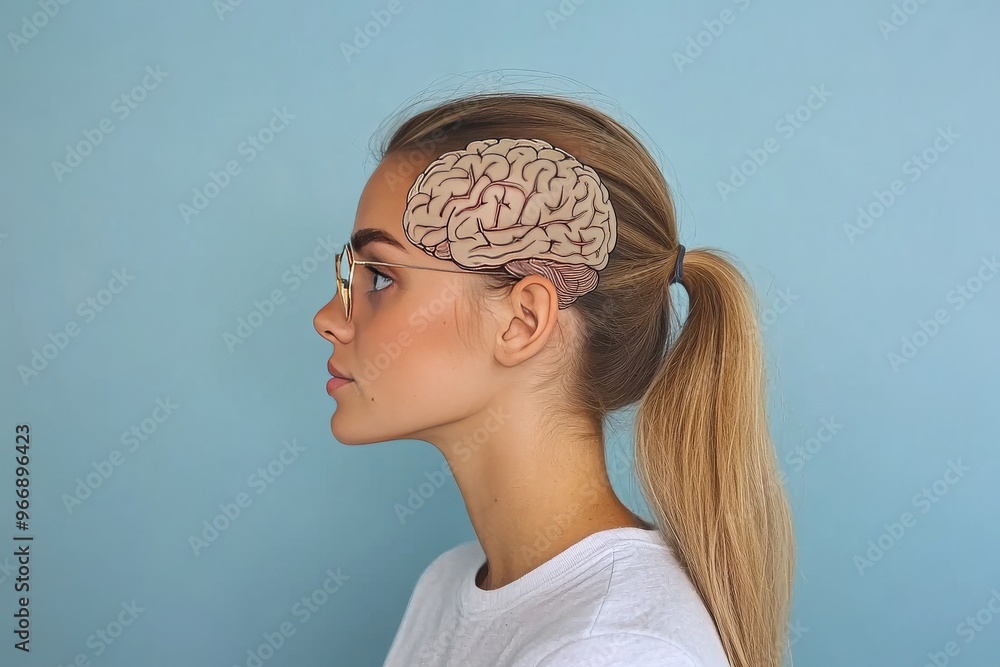 Poster brain stimulation cognitive bias and synaptic potentials side profile of a woman with glowing neural