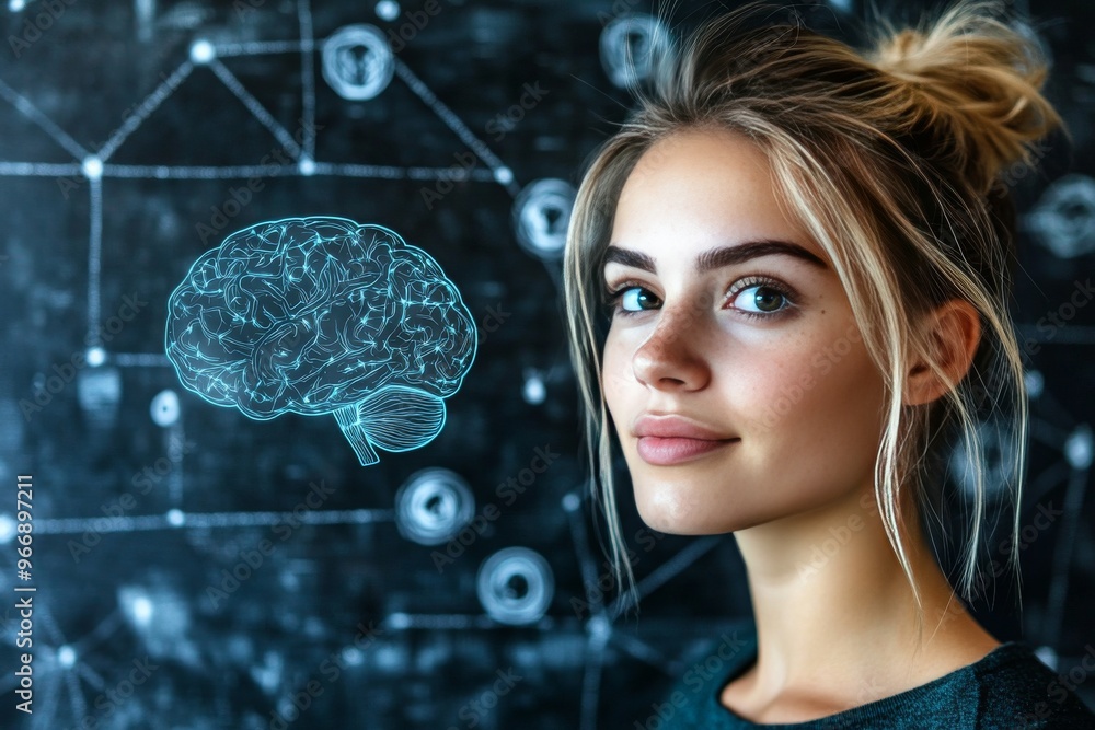 Poster synaptic modulation neuropharmacology and neuromechanics woman with abstract neural network overlay 