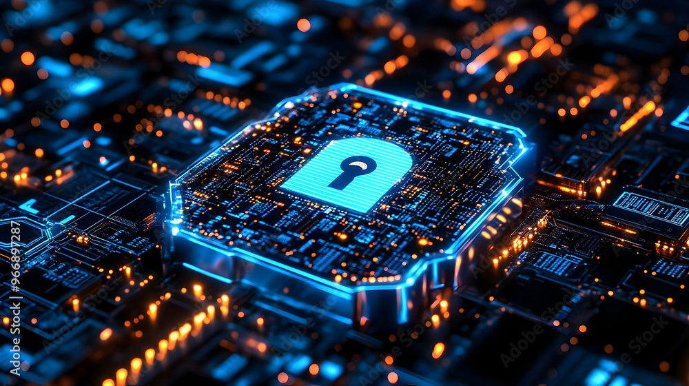 Poster a digital representation of cybersecurity with a lock symbol on a circuit board.