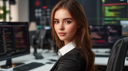 Dynamic female business assistant at a high-tech desk, tackling complex issues with ease, organized workspace, professional demeanor, solution-oriented atmosphere