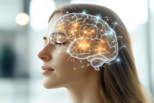 Cognitive neuroscience cognitive flexibility and cortical dynamics profile of woman with glowing neural connections symbolizing creativity and cognitive processing power