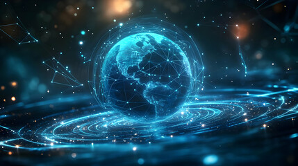 A digital representation of Earth interconnected with glowing lines and data points.