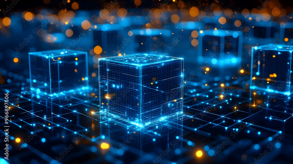 Poster a digital representation of interconnected cubes with glowing lines and particles.