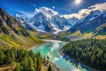 Snow-capped mountain peaks and glaciers near Lake Shavlinskoye in Altai Fisheye