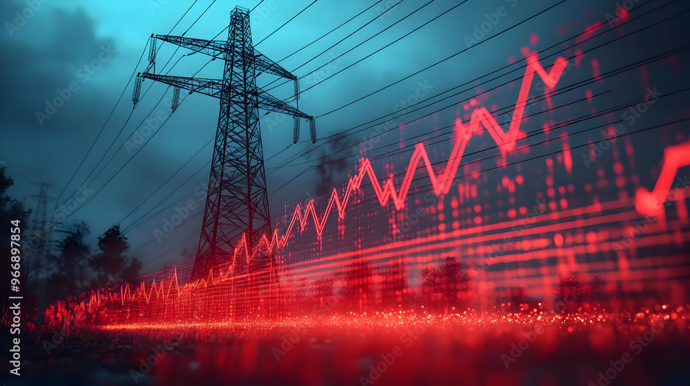 Poster a digital representation of power lines with a red data graph overlay.