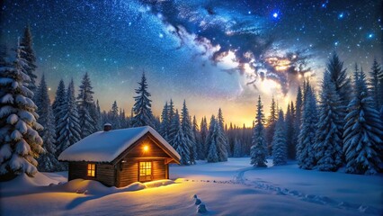Fototapeta premium Snow-covered cabin surrounded by trees reflected on a frozen lake under a starry sky at night