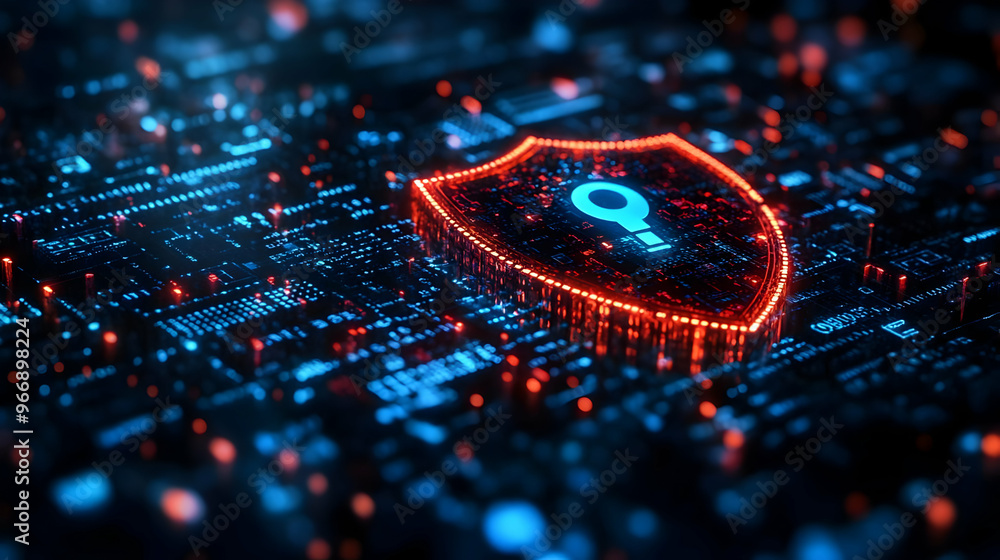 Poster a digital shield symbolizing cybersecurity on a circuit board background.