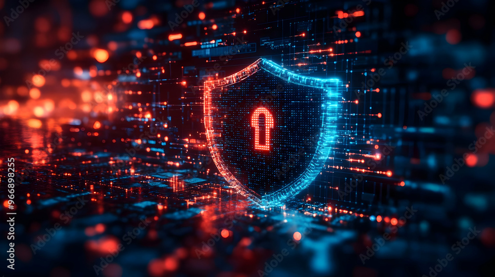 Aufkleber a digital shield symbolizing cybersecurity with glowing data elements.