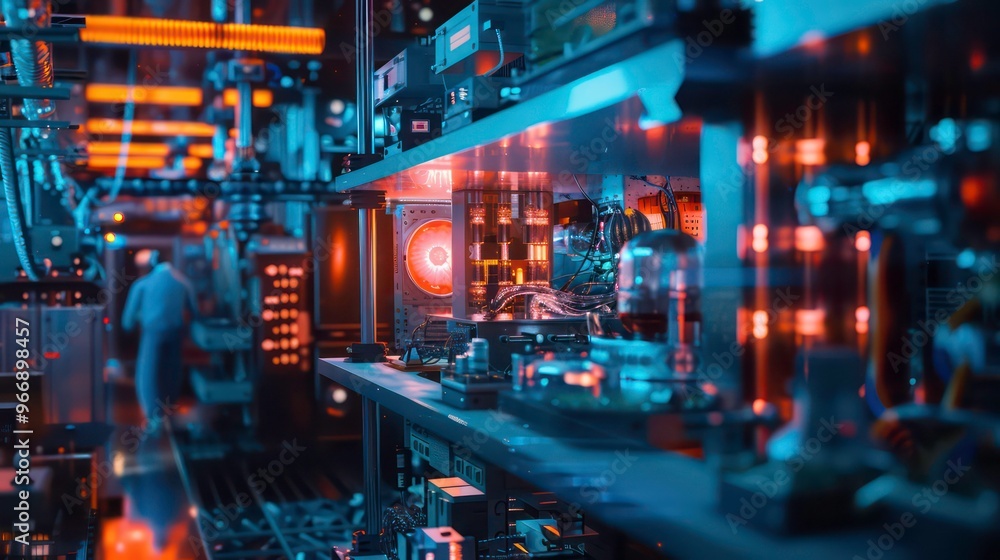 Poster a close-up view of a laboratory with glowing equipment and a scientist working in the background.