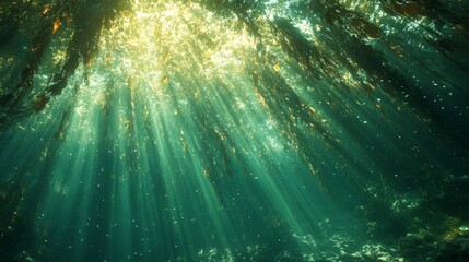 Fototapeta premium Sunlight Beams Through Underwater Kelp Forest