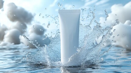 Single foam cleanser packaging with a dynamic water splash, suggesting freshness, no logo, focal point on the cleanser, no people.