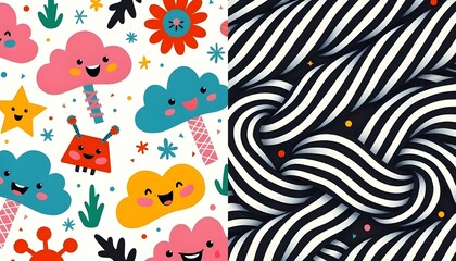 2 cute backgrounds for kids. Colorful cloud images and alternating black and white threads.
