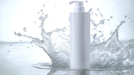Single foam cleanser packaging with clear water splash, evoking a sense of refreshment, no logo, focal point on the cleanser, no people.