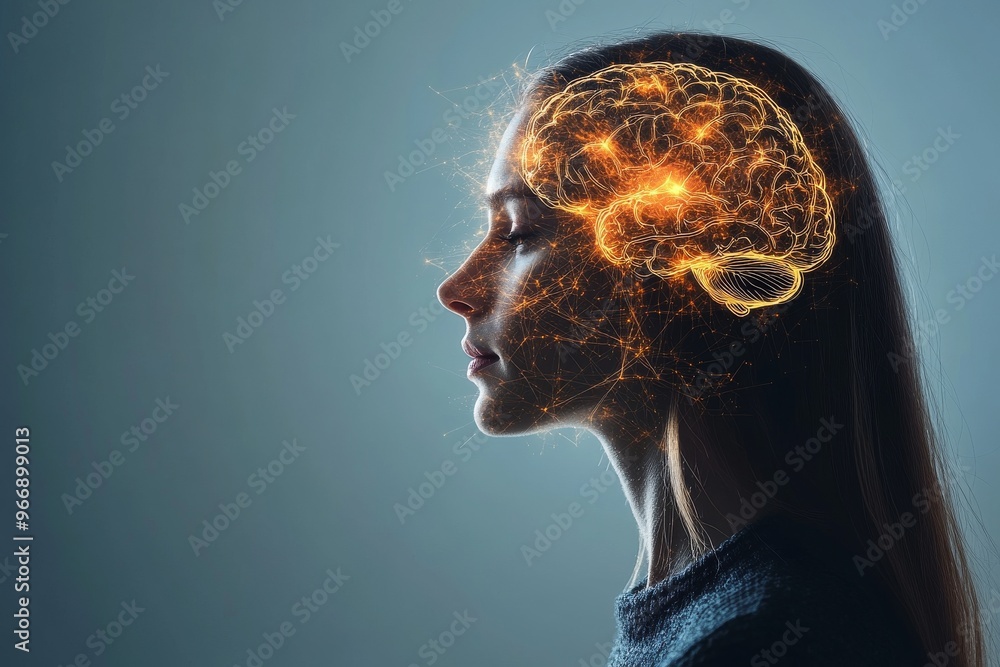 Poster neurogenesis cognitive bias and neuroadaptive woman with glowing brain visualization symbolizing cog