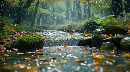 Fototapeta premium A Small Waterfall in a Forest During a Rain Shower