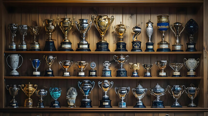 A display of various trophies organized on a wooden shelf.