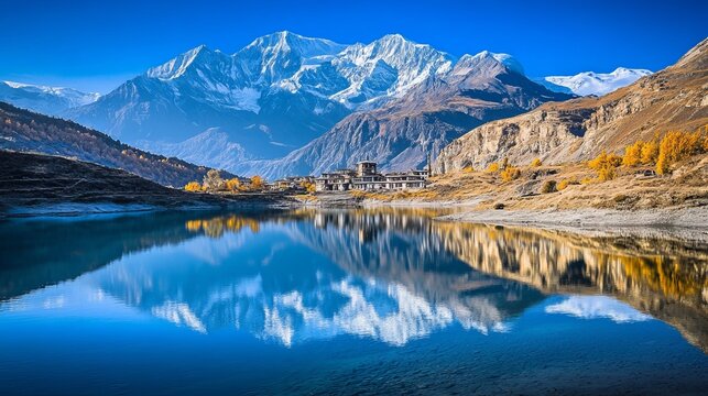Dhumba Lake in Jomsom, set against the Himalaya Mountains in Nepal, part of the Annapurna Circuit trek