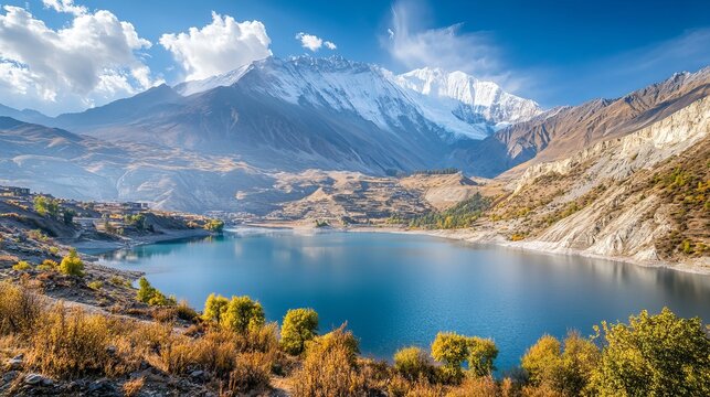 Dhumba Lake in Jomsom, set against the Himalaya Mountains in Nepal, part of the Annapurna Circuit trek