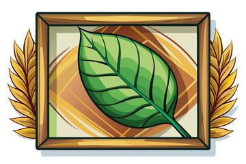 A wooden picture frame with a green leaf in the background and a yellow leaf on the side.