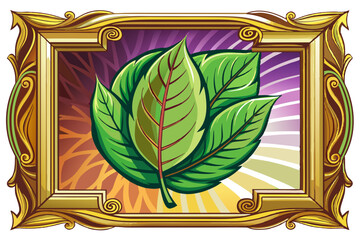 Closeup of an ornate golden frame with green leaves peeking out from behind.