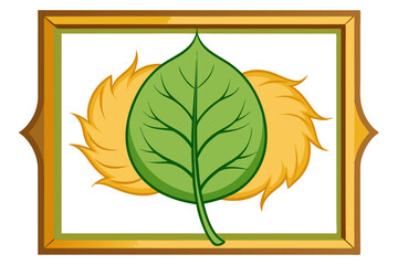 Close-up of a golden frame with a green leaf and yellow flower.