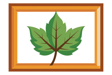 A close-up view of a wooden picture frame with green leaves peeking out from the right side.