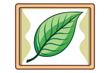 Corner of a green leaf in a frame with brown and orange trim.
