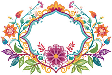 Colorful floral design with swirling leaves and buds on a white background.