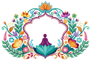 Colorful floral design with a white background featuring a unique curved border with intricate floral details.