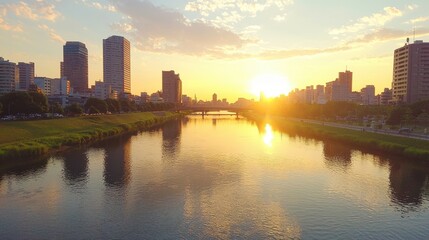 Fototapeta premium Sunset cityscape reflection over river
