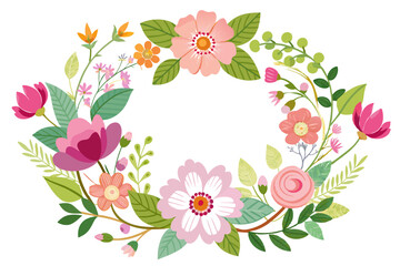 A colorful floral design with pink, orange, and yellow flowers with green leaves on a white background.