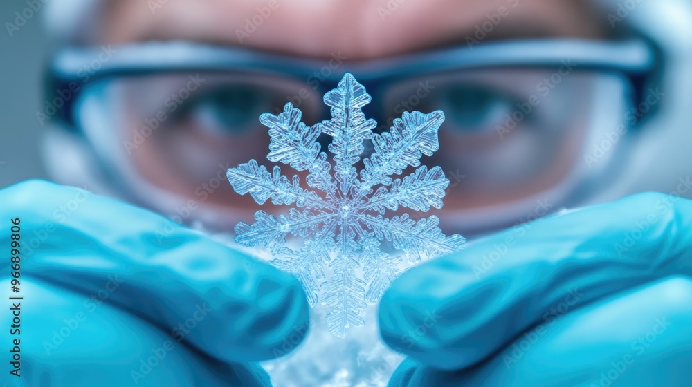 Aufkleber scientist closely examining the intricate and unique crystalline structures of a snowflake under a m