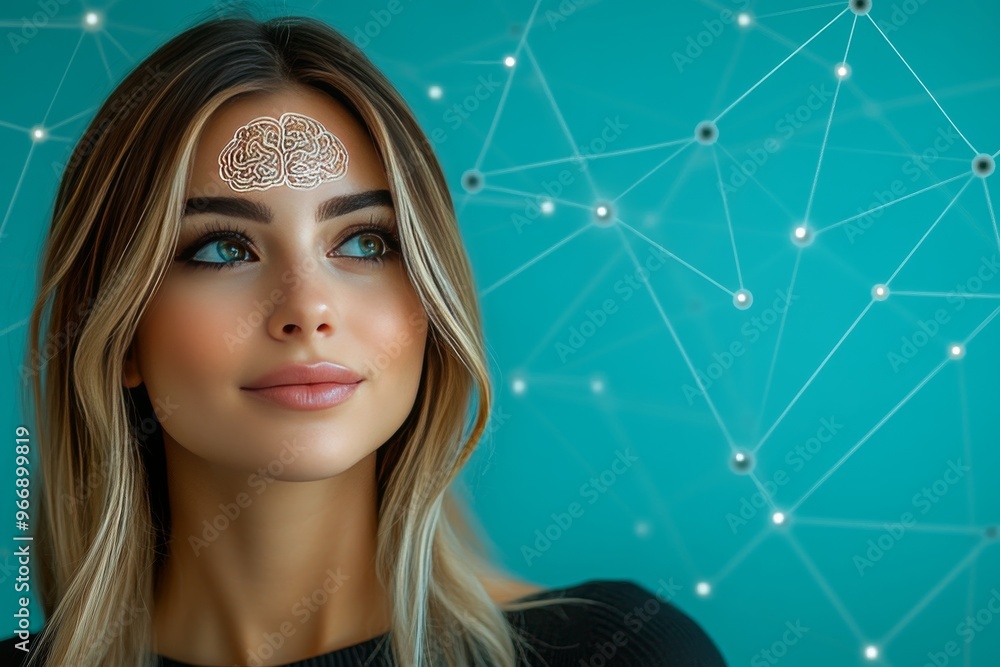 Poster neurostimulation cognitive load theory and basal ganglia woman illuminated by glowing neural brain n
