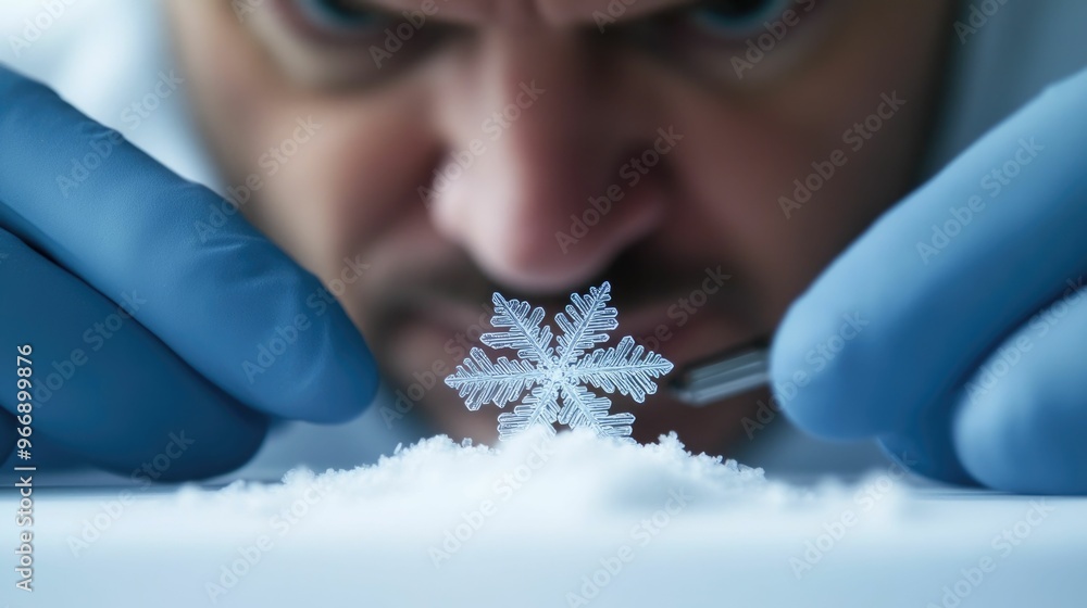 Poster scientist closely examining the intricate and unique crystalline structures of snowflakes under a hi