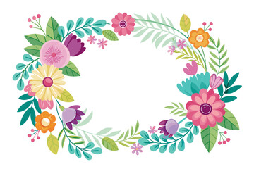 A corner border with multiple pastel colored flowers with green and turquoise leaves on a white background.