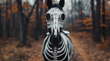 Horse in a skeleton costume, trotting through a spooky autumn forest, creating an eerie Halloween atmosphere.