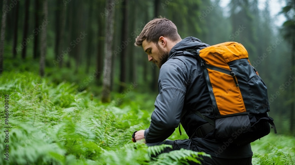 Poster scientist measuring the width of tree branches in a forest studying growth patterns and light compet