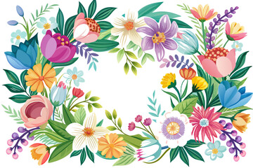 Colorful floral arrangement with various flowers, leaves, and buds on a white background.