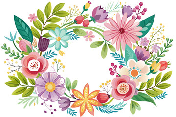 Watercolor floral design with leaves, flowers, and a blue flower with yellow center.