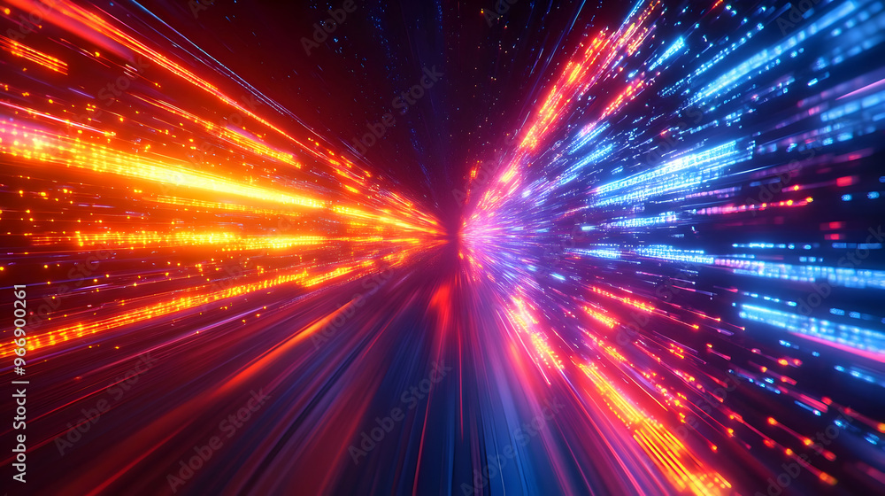 Poster a dynamic abstract representation of light streaks in vibrant colors, suggesting speed and movement.