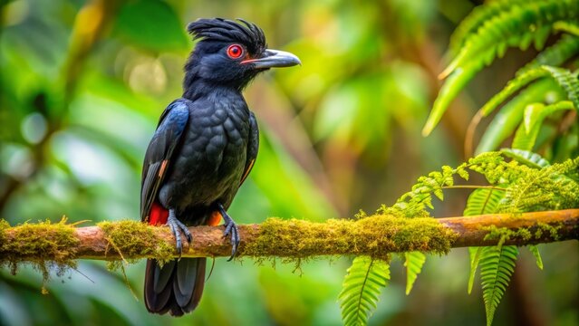 A vibrant umbrellabird with long, plumage-tipped tail feathers sits regally on a branch, its iridescent feathers
