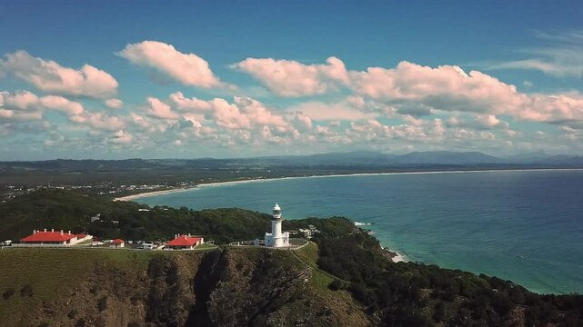 Drone Shot of Byron Cape Lighthouse and Tallow Beach, Byron Bay, New South Wales, Australia