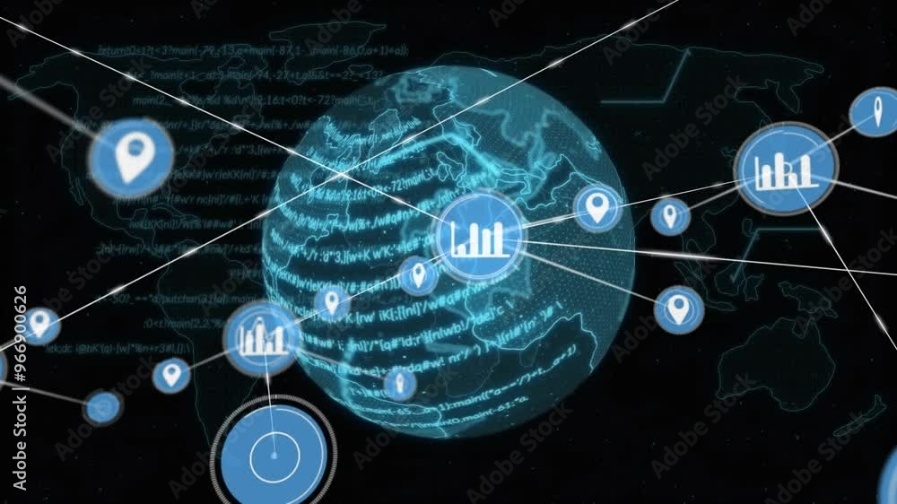 Poster animation of network of connections with icons over globe and world map