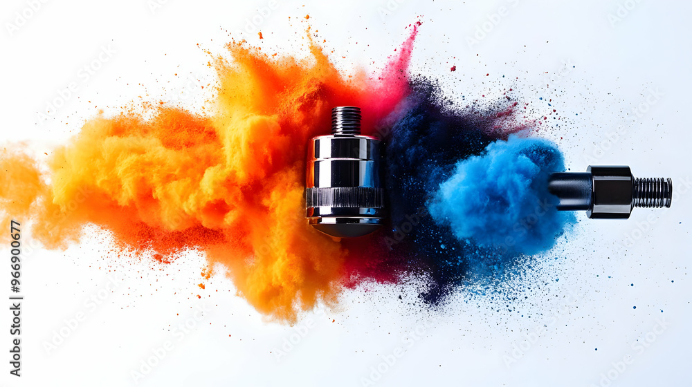 Poster a dynamic explosion of colorful powder surrounding a metallic object.