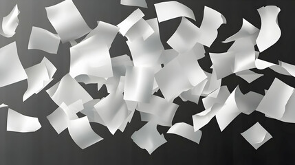 A dynamic display of scattered white paper sheets against a dark background.