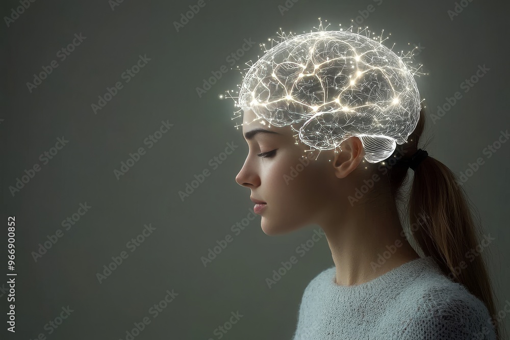 Poster synaptic pruning dendritic complexity and cortical homunculus woman with neural headgear symbolizing