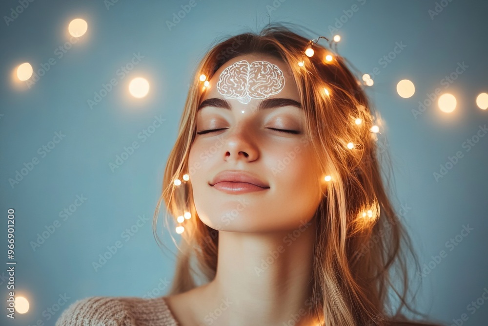 Poster brain derived factor synaptic density and neurocomputation woman with festive glowing brain visualiz
