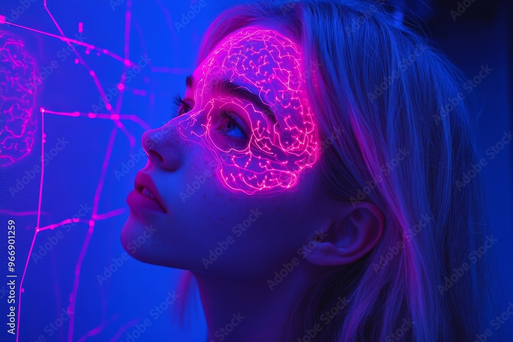 Poster brainwave synchronization neurocognitive and mental chronometry woman with glowing neural grid overl